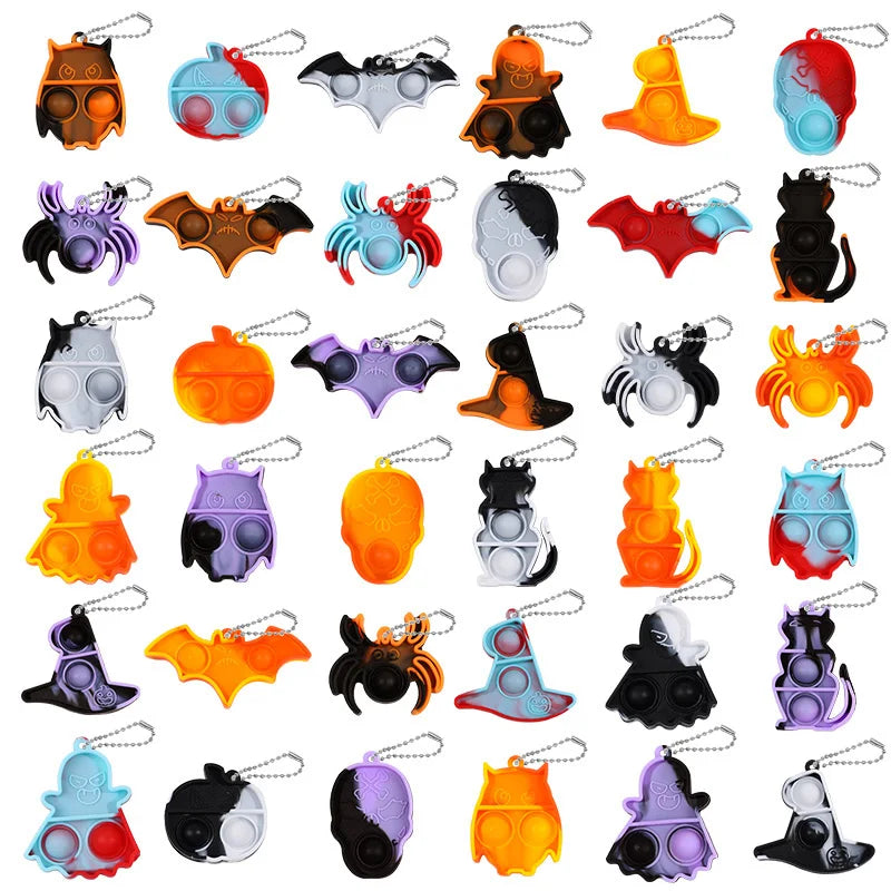 10/20/30Pcs Halloween Mini Pop Keychain Fidget Toys Pumpkin Spider Ornaments Kids Halloween Party Favors Supplies Adult Gifts