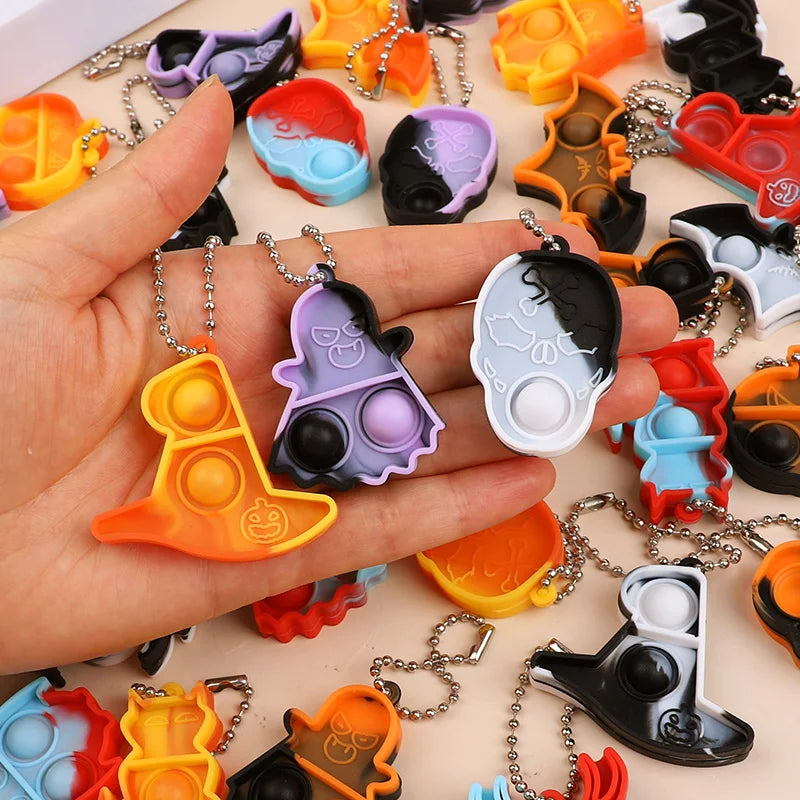 10/20/30Pcs Halloween Mini Pop Keychain Fidget Toys Pumpkin Spider Ornaments Kids Halloween Party Favors Supplies Adult Gifts