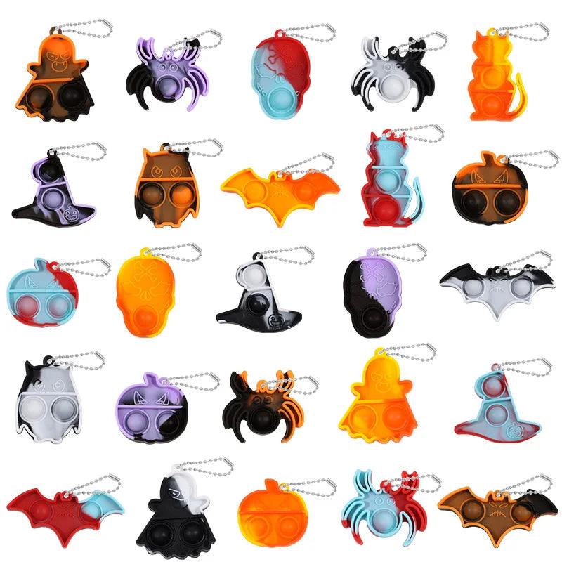 10/20/30Pcs Halloween Mini Pop Keychain Fidget Toys Pumpkin Spider Ornaments Kids Halloween Party Favors Supplies Adult Gifts