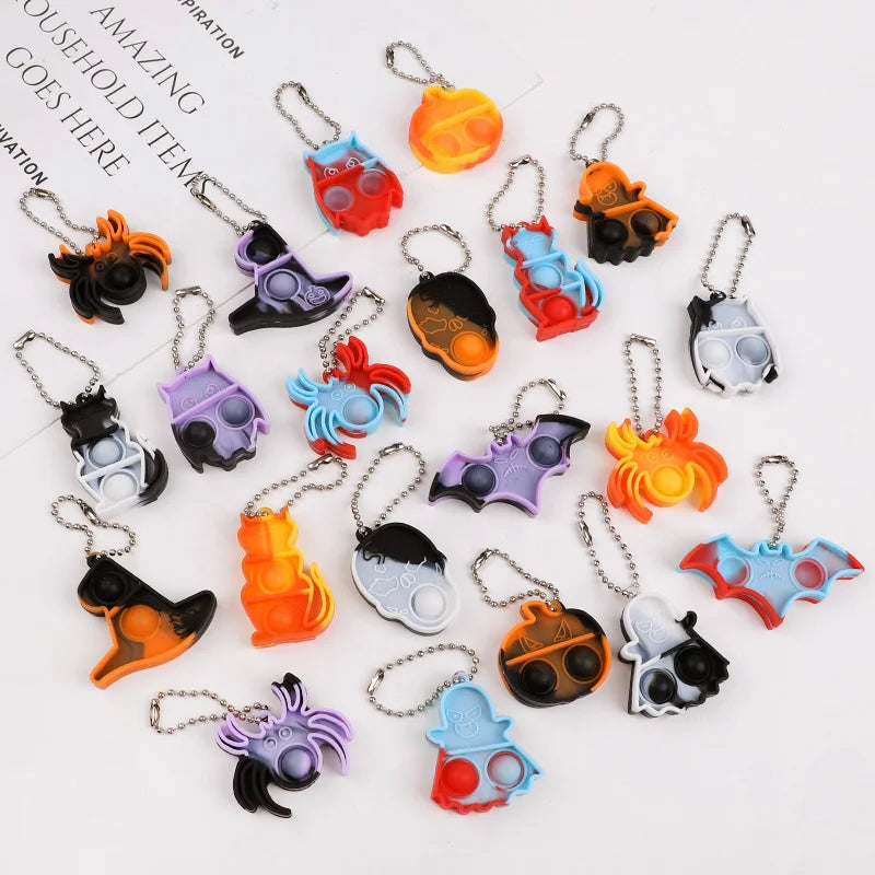 10/20/30Pcs Halloween Mini Pop Keychain Fidget Toys Pumpkin Spider Ornaments Kids Halloween Party Favors Supplies Adult Gifts