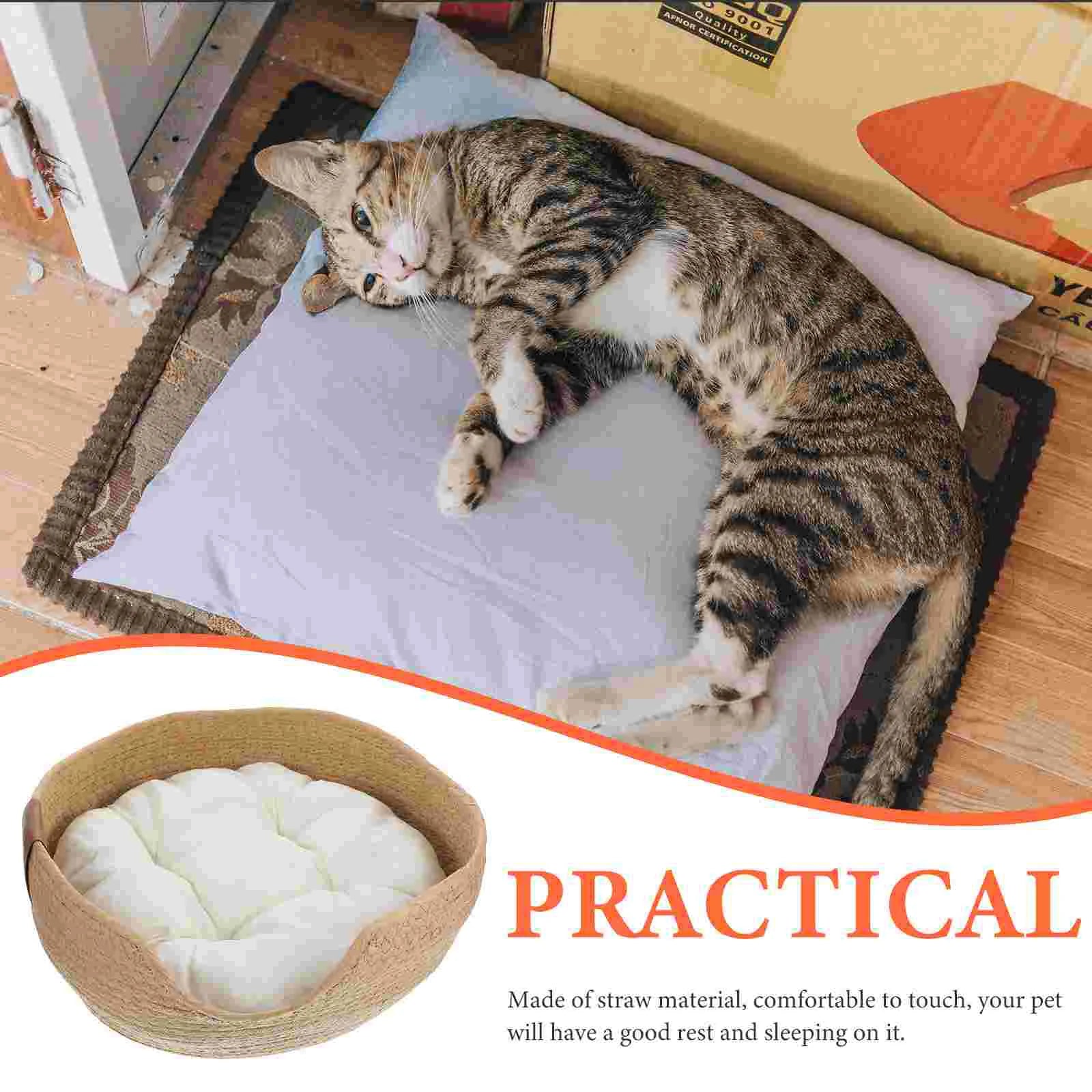 Cooling Woven Straw Summer Pet Nest Breathable Cat House Kitten Bed Small Dogs Comfortable Pet Sleeping Mat Cotton Pad Included