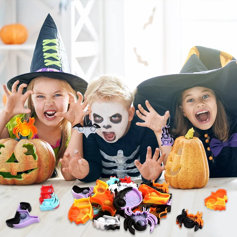 10/20/30Pcs Halloween Mini Pop Keychain Fidget Toys Pumpkin Spider Ornaments Kids Halloween Party Favors Supplies Adult Gifts
