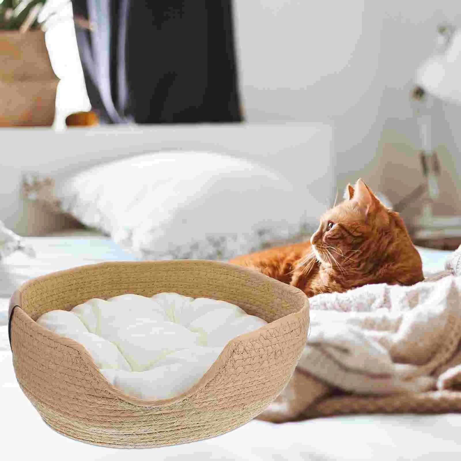 Cooling Woven Straw Summer Pet Nest Breathable Cat House Kitten Bed Small Dogs Comfortable Pet Sleeping Mat Cotton Pad Included