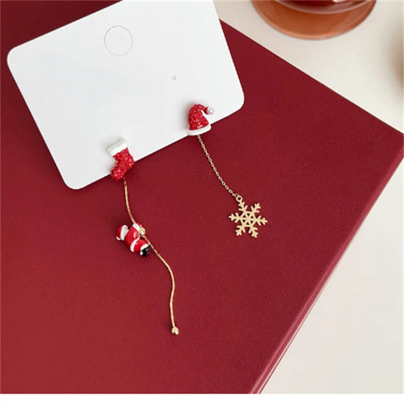 Moving Santa Claus Tassel Dangle Earrings For Women Christmas Tree Snowflake Asymmetric Long Chain Earring New Year Jewelry Gift