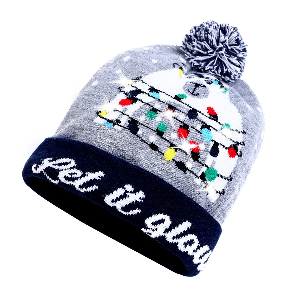NEW 50 Designs LED Christmas Hats Beanie New Year Knitted Illuminate Warm Hat Christmas Tree Snowman Kids Adults Hat