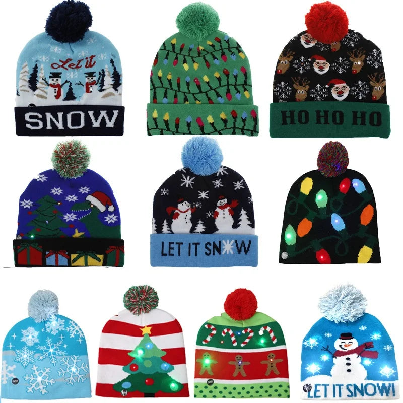 NEW 50 Designs LED Christmas Hats Beanie New Year Knitted Illuminate Warm Hat Christmas Tree Snowman Kids Adults Hat