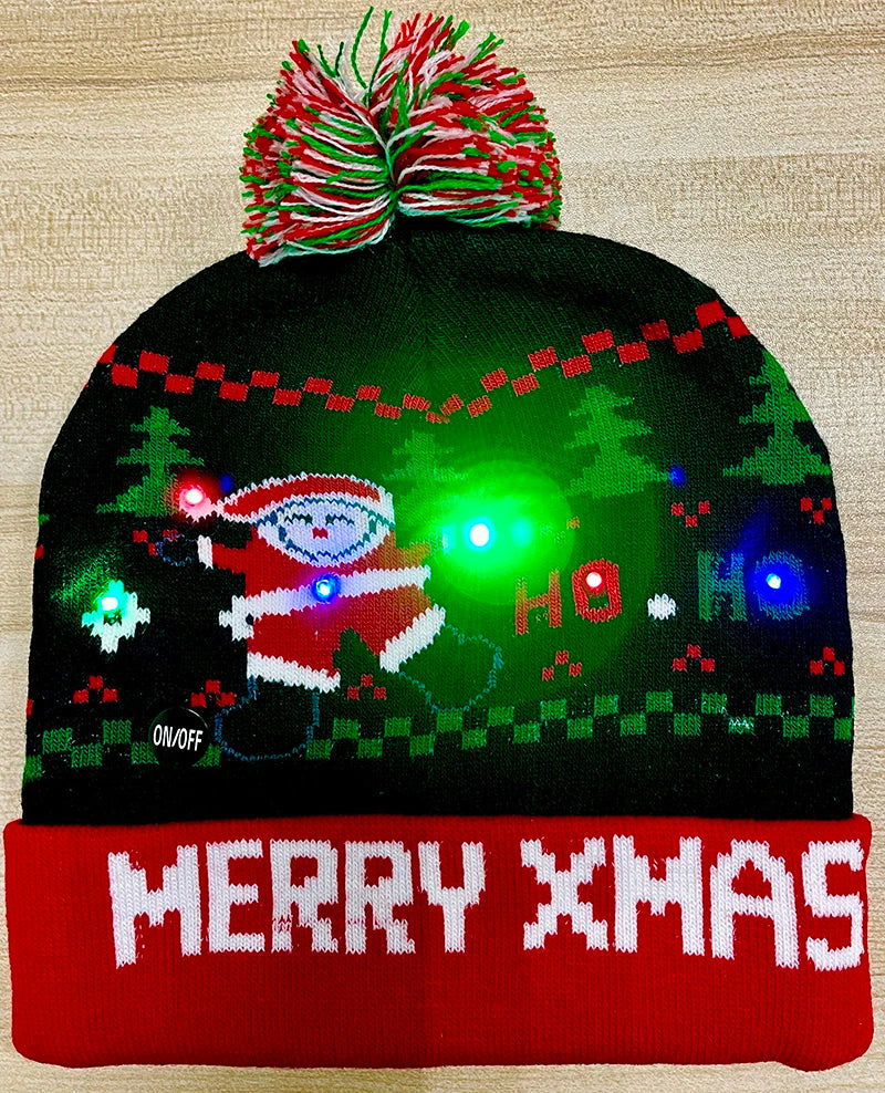ON SALE! 2025 New Year LED Knitted Christmas Hat Beanie Light Up Illuminate Warm Hat For Kids Adults New Year Christmas Decor
