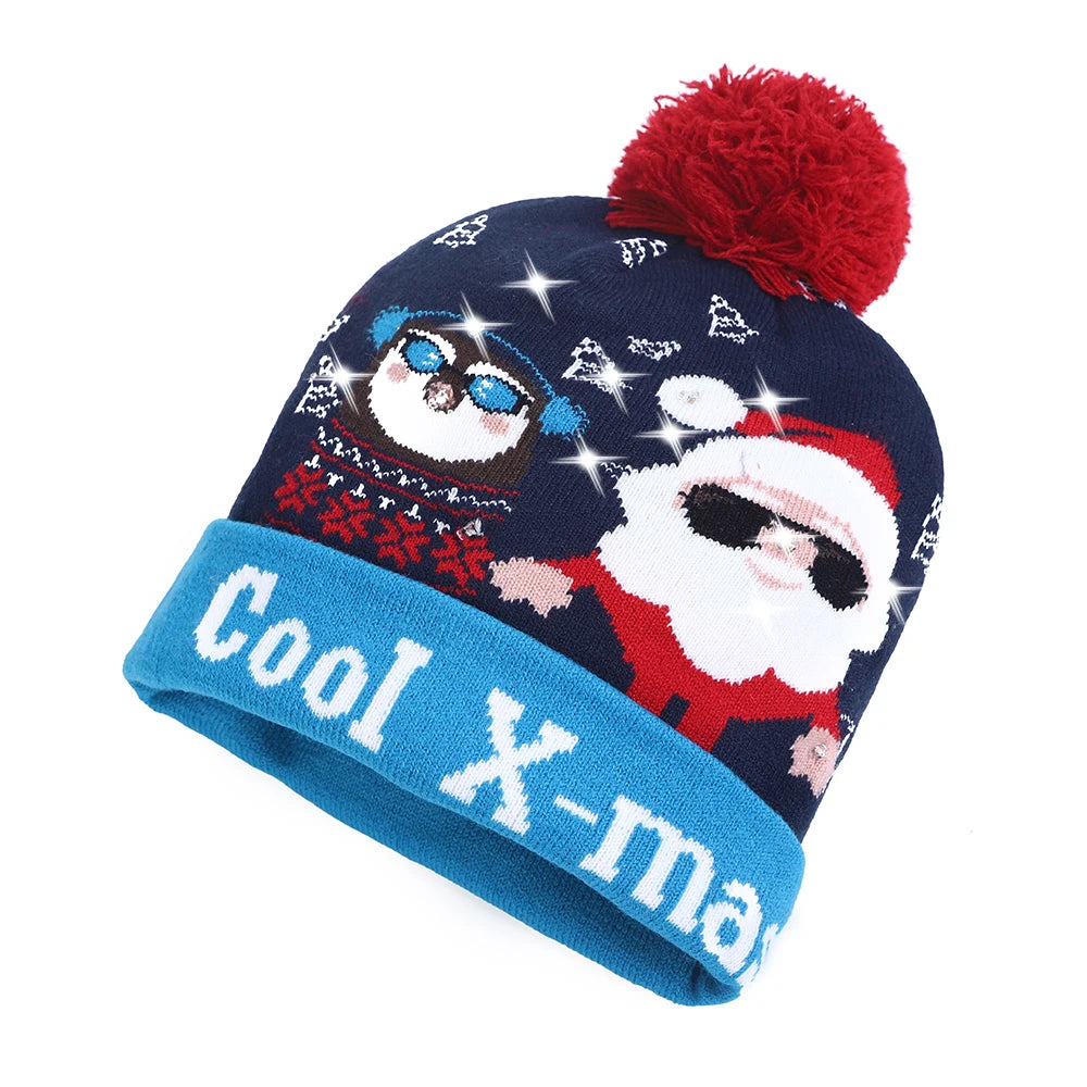 NEW 50 Designs LED Christmas Hats Beanie New Year Knitted Illuminate Warm Hat Christmas Tree Snowman Kids Adults Hat