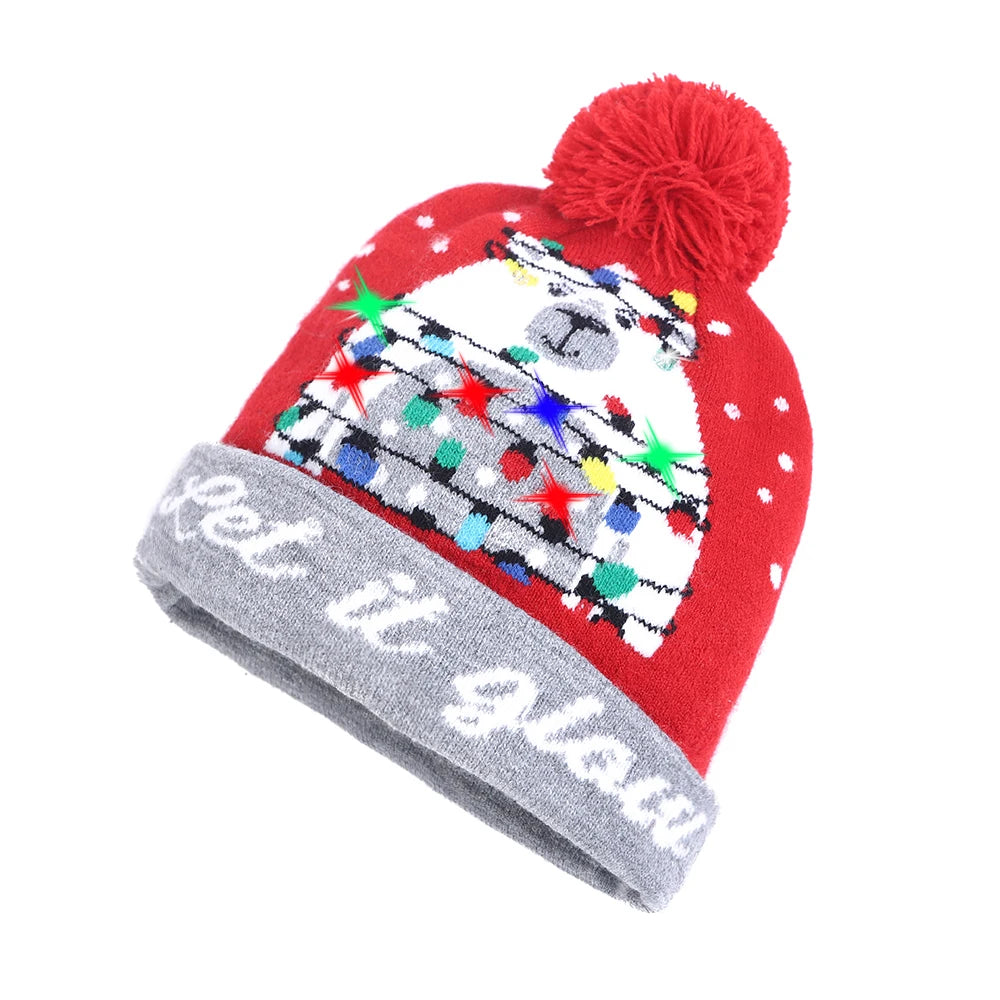 NEW 50 Designs LED Christmas Hats Beanie New Year Knitted Illuminate Warm Hat Christmas Tree Snowman Kids Adults Hat