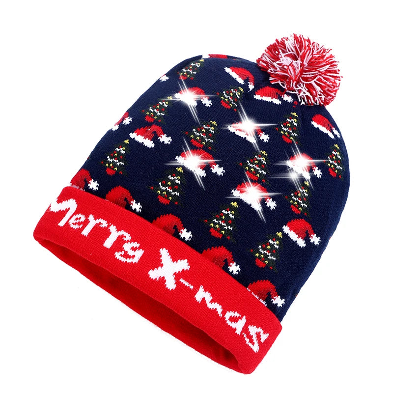 NEW 50 Designs LED Christmas Hats Beanie New Year Knitted Illuminate Warm Hat Christmas Tree Snowman Kids Adults Hat