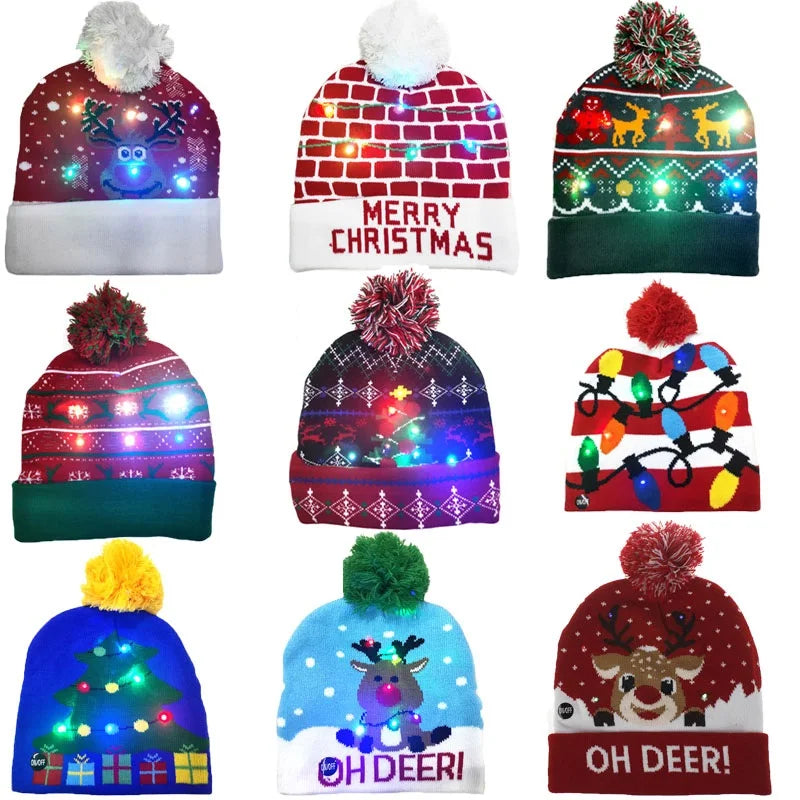 NEW 50 Designs LED Christmas Hats Beanie New Year Knitted Illuminate Warm Hat Christmas Tree Snowman Kids Adults Hat