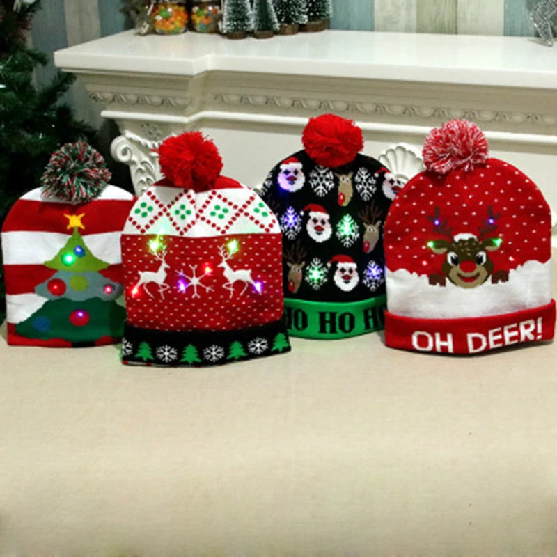 NEW 50 Designs LED Christmas Hats Beanie New Year Knitted Illuminate Warm Hat Christmas Tree Snowman Kids Adults Hat