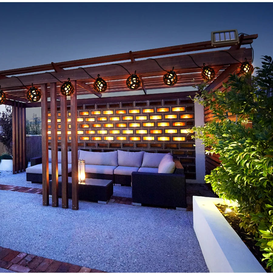 Solar String Lights LED Outdoor Waterproof Flickering Flame Hanging Solar Lantern Lamp with 8 Ball for Patio Garden Yard
