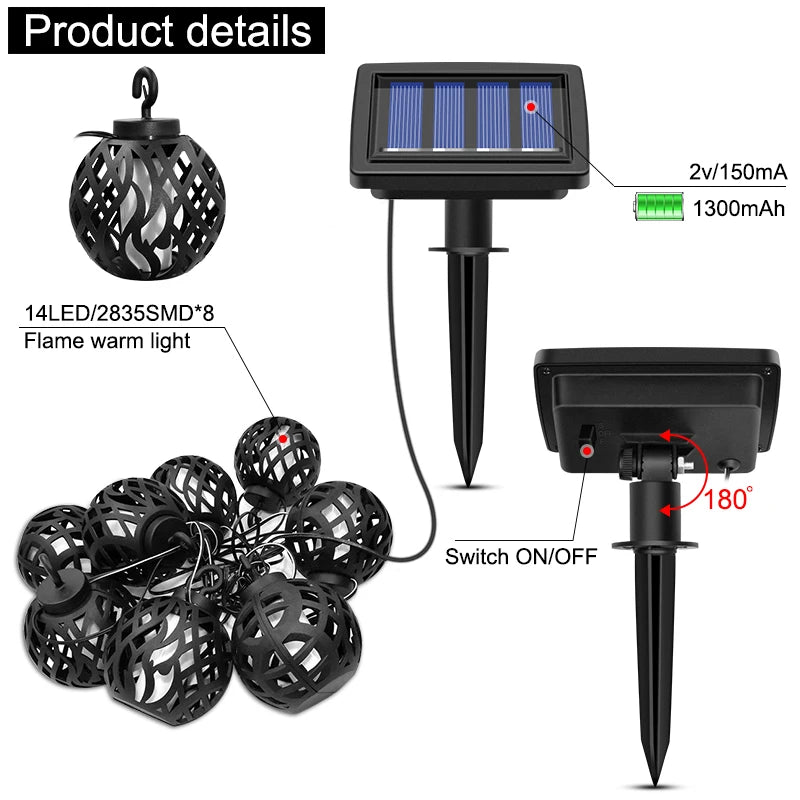 Solar String Lights LED Outdoor Waterproof Flickering Flame Hanging Solar Lantern Lamp with 8 Ball for Patio Garden Yard