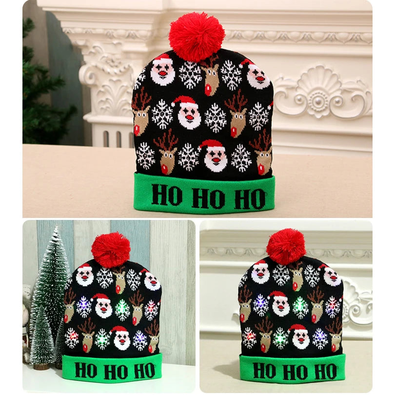 NEW 50 Designs LED Christmas Hats Beanie New Year Knitted Illuminate Warm Hat Christmas Tree Snowman Kids Adults Hat