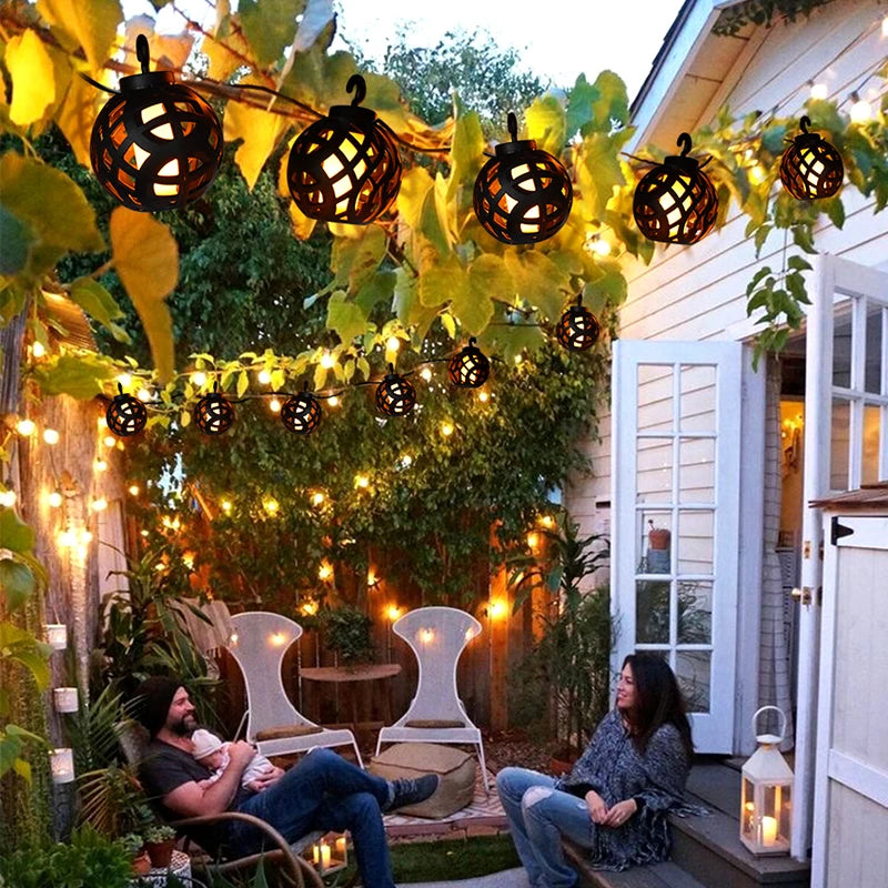 Solar String Lights LED Outdoor Waterproof Flickering Flame Hanging Solar Lantern Lamp with 8 Ball for Patio Garden Yard