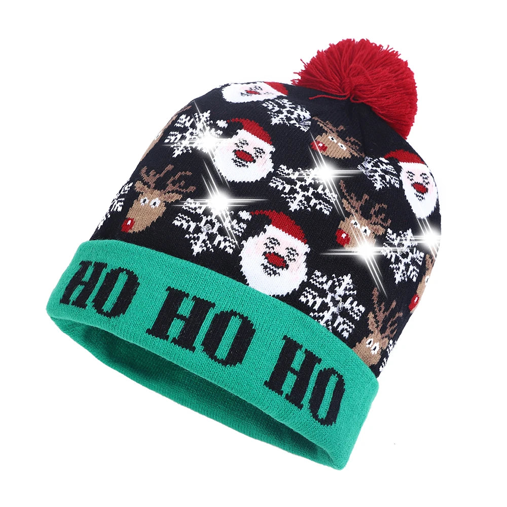 NEW 50 Designs LED Christmas Hats Beanie New Year Knitted Illuminate Warm Hat Christmas Tree Snowman Kids Adults Hat