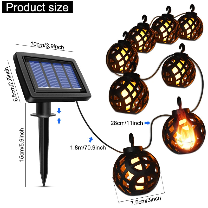 Solar String Lights LED Outdoor Waterproof Flickering Flame Hanging Solar Lantern Lamp with 8 Ball for Patio Garden Yard
