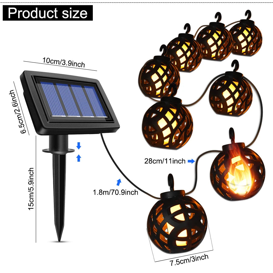 Solar String Lights LED Outdoor Waterproof Flickering Flame Hanging Solar Lantern Lamp with 8 Ball for Patio Garden Yard
