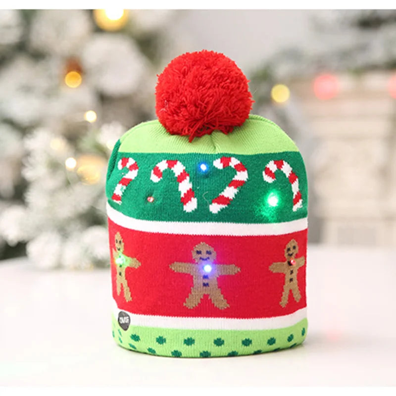 NEW 50 Designs LED Christmas Hats Beanie New Year Knitted Illuminate Warm Hat Christmas Tree Snowman Kids Adults Hat