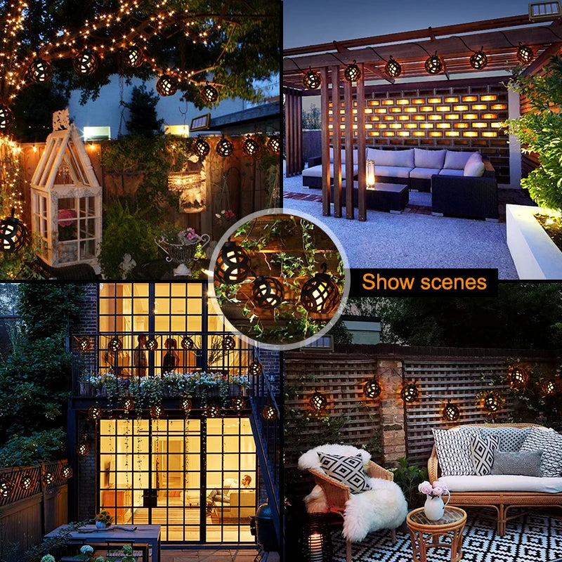 Solar String Lights LED Outdoor Waterproof Flickering Flame Hanging Solar Lantern Lamp with 8 Ball for Patio Garden Yard