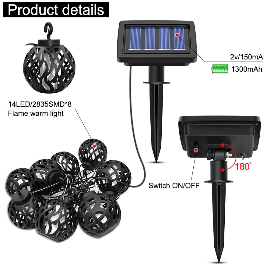 Solar String Lights LED Outdoor Waterproof Flickering Flame Hanging Solar Lantern Lamp with 8 Ball for Patio Garden Yard