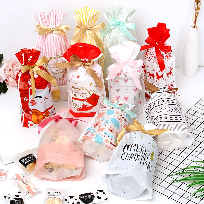 50 PCS/100 PCS Christmas gift bag holiday decoration bag candy cookie snack bag for packaging food drawstring bundle pocket
