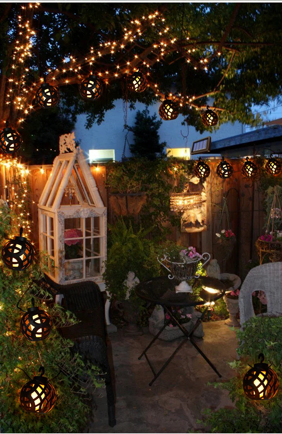 Solar String Lights LED Outdoor Waterproof Flickering Flame Hanging Solar Lantern Lamp with 8 Ball for Patio Garden Yard