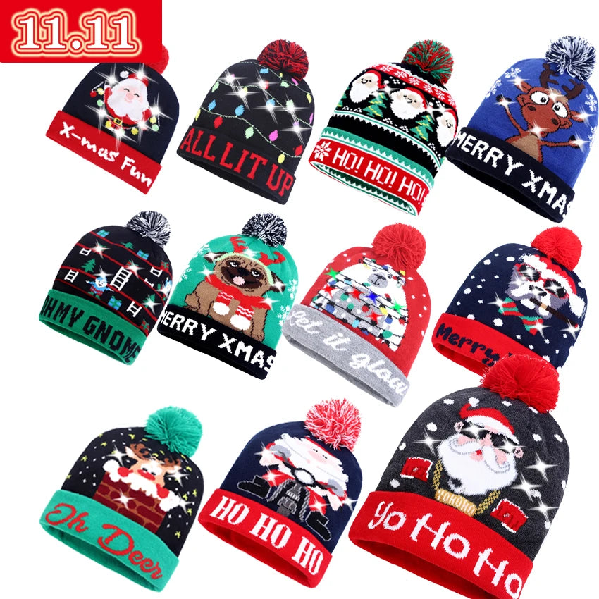 NEW 50 Designs LED Christmas Hats Beanie New Year Knitted Illuminate Warm Hat Christmas Tree Snowman Kids Adults Hat