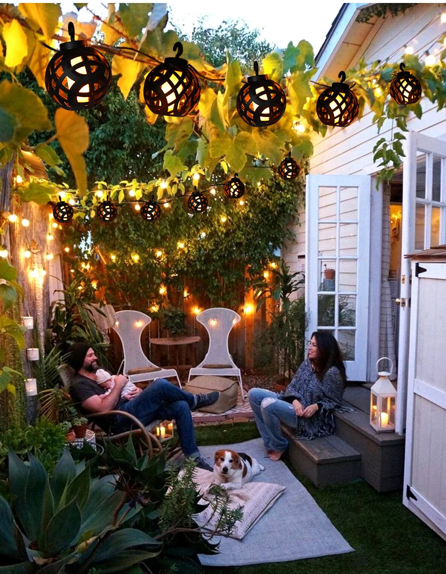 Solar String Lights LED Outdoor Waterproof Flickering Flame Hanging Solar Lantern Lamp with 8 Ball for Patio Garden Yard