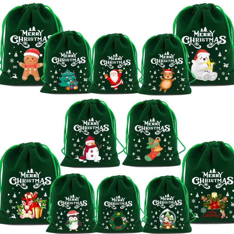 20pcs Xmas Velvet Bags Small Candy Gift Bag Drawstring Pouch Christmas Party Favor Boutique Jewelry Packaging Bags 2024 New Year