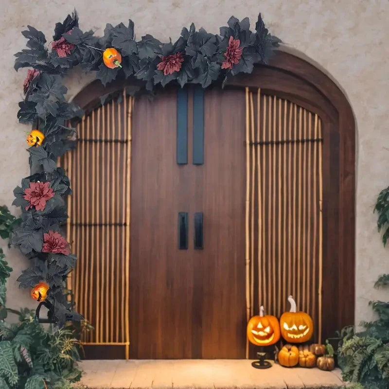 1 Halloween Wreath - 5.74ft Gothic Maple Leaves And Pumpkin Vines With Spooky Decorations To Create A Spooky Holiday And Firepla