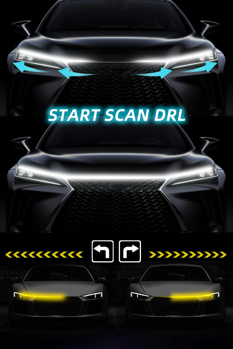 Dynamic Led Car Hood Light Strip With Turn Signal Indicator Flexbile Engine Hood Guide Decorative DRL Daytime Running Lights 12V