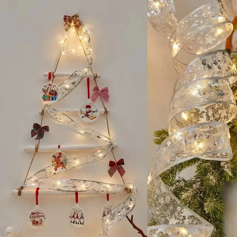 New Year 2026 Christmas Decoration LED Ribbon Fairy Lights Christmas Tree Ornaments for Home DIY Bows Light String Navidad 2025