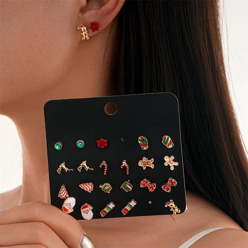 24pcs Christmas Combination Earrings Set for Women Small Shiny Zircon Xmas Tree Santa Claus Snowflake Earring Party Jewelry Gift