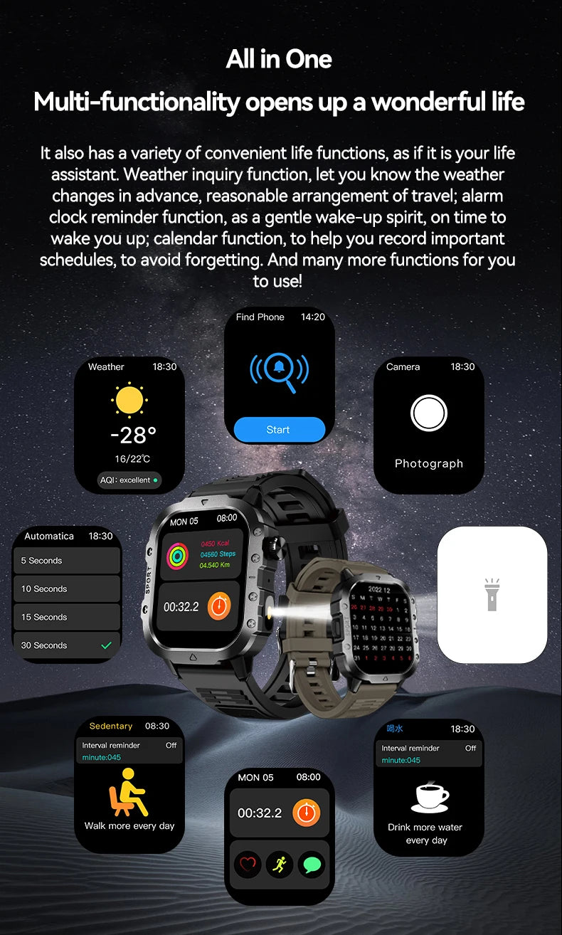 LAXASFIT Outdoor Sports Smart Watch 2.01 inch HD Screen LED Flashlight Bluetooth Talking Smart Watch Men Women Holiday Gift