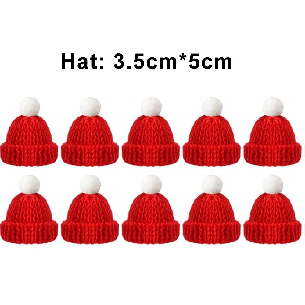 Mini Santa Knitted Hat & Scarf Small Christmas Costume for Cat Rabbit Doll Lollipop Bottle Cap DIY Xmas Party Dinner Decoration