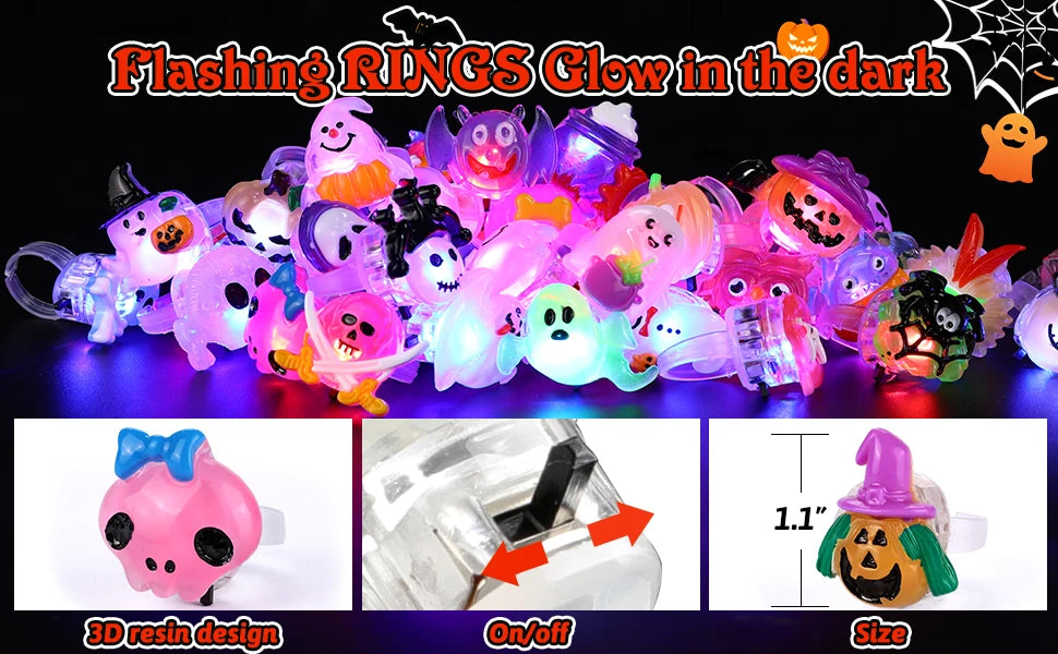30-150PCS 3D Light Up Rings Bulk Halloween Treats Toys Party Favors for Kids Non Candy Treats Glow In The Dark Party Gifts for K