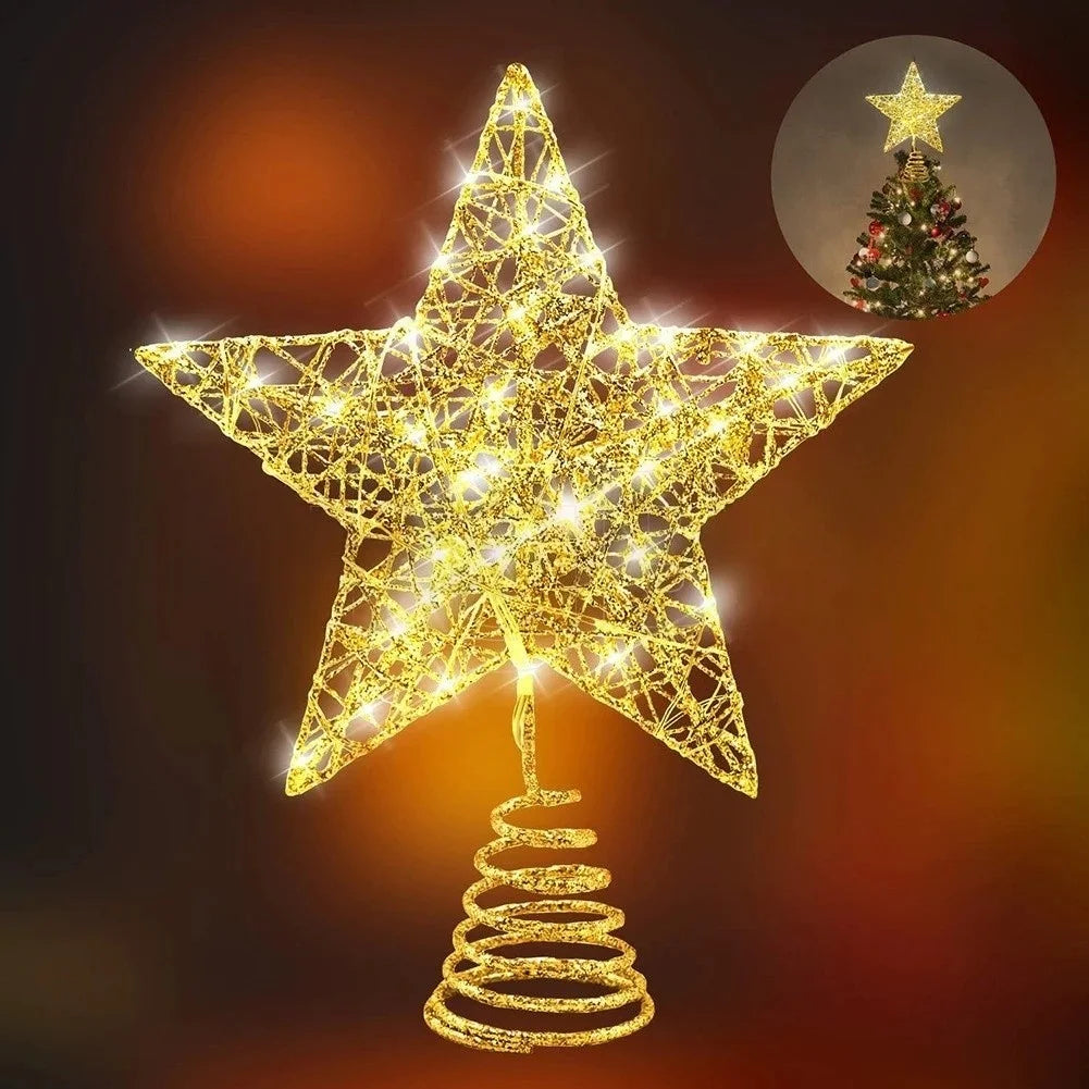 Iron Glitter Christmas Tree Topper Star With Led Copper Wire Lights Merry Christmas Tree Decor For Home Navidad Ornaments