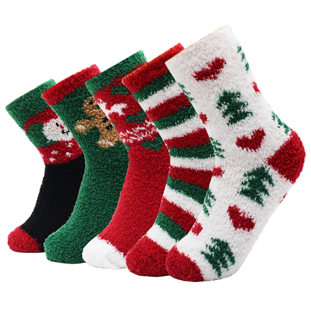 5 Pairs New Autumn and Winter Christmas Thickened Cute Warm Coral Fleece Socks Velvet Santa Fawn Snowflake Women Socks