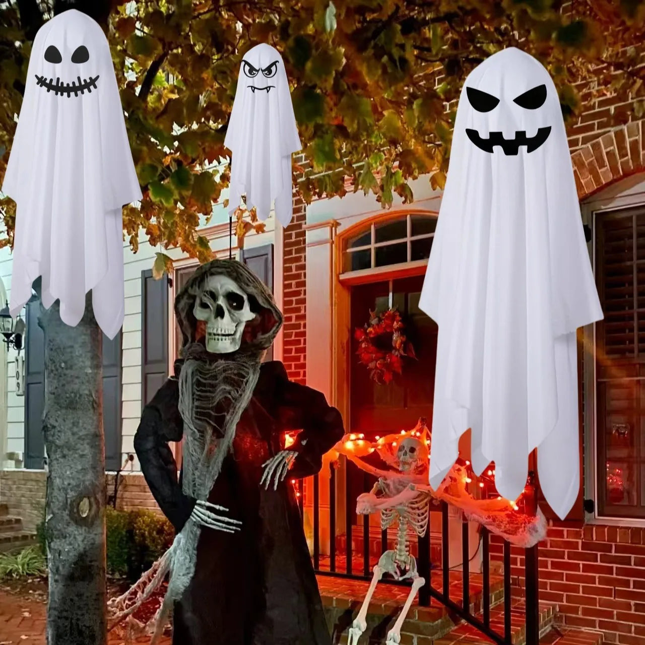 68/125CM Halloween Hanging Ghost Decor White Cloth Hanging Ghost Halloween Flying Ghost Party Decor Front Porch Yard Garden