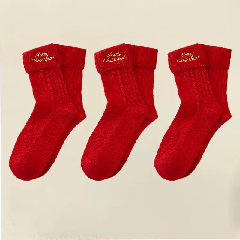 3 Pairs Cotton Cartoon Christmas Socks for Women Autumn Winter Warm Comfortable Cute Mid-tube Embroidery Merry Christmas Gifts