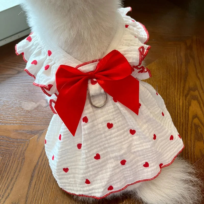 Summer  Dog Cooling Dress Thin Bow Heart Print Dog Clothes Pet Skirt Kitten Puppy Costume Chihuahua Bichon Yorkie Girls Dog Vest