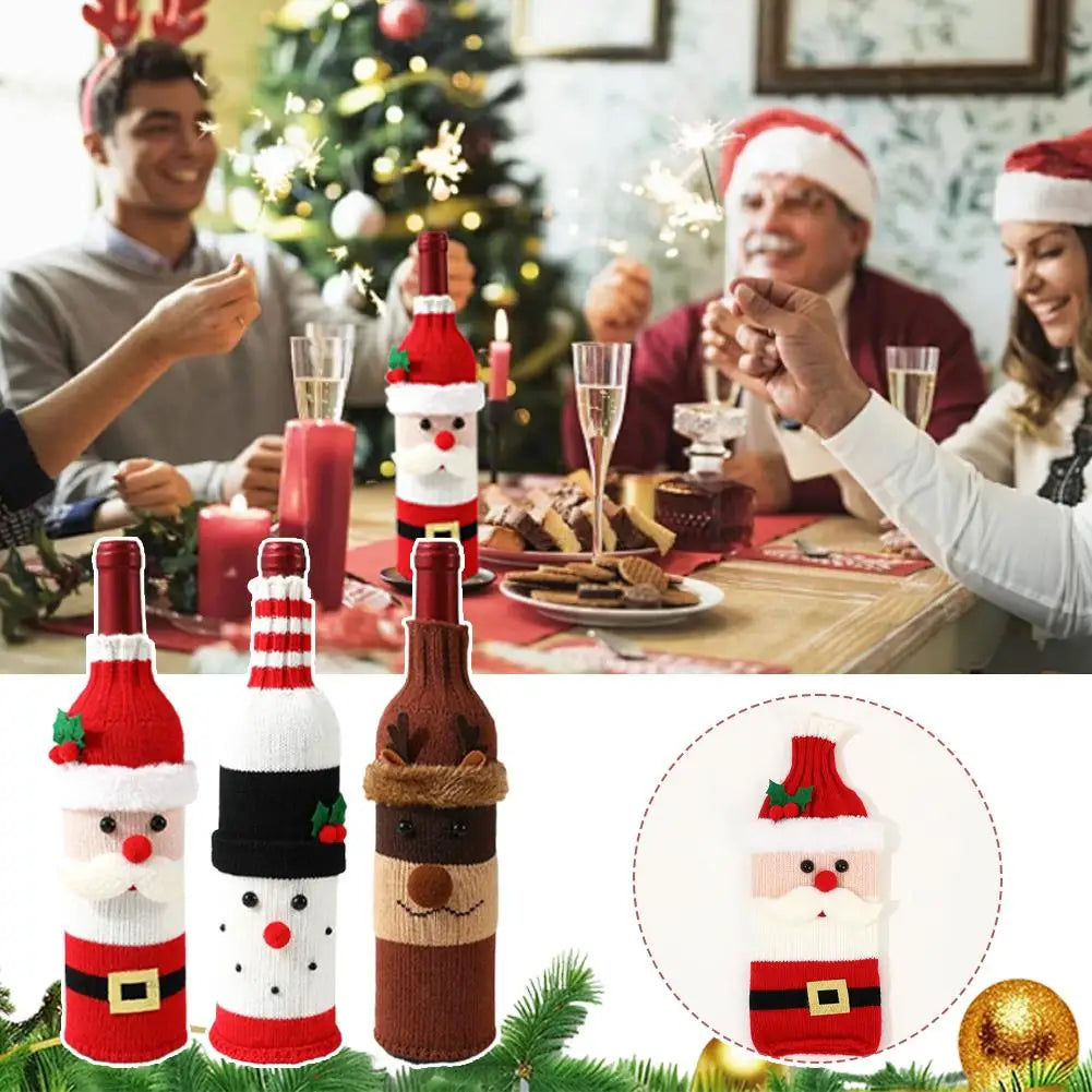 Christmas Sweater Wine Bottle Cover Set Santa Snowman Knitted Wine Bottle Bag Christmas Party Dinner Table Decoration