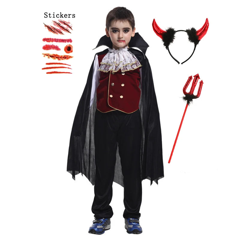 Halloween Fantasy Children's Costumes Ghost Bride Gothic Cosplay Girls Red Vampire Day of The Dead Kids Costumes for Boy Girl