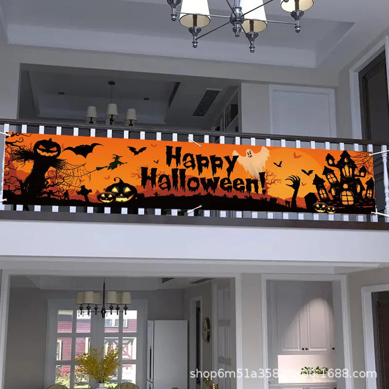 Halloween Theme Party 1.8m Banner Pumpkin Bat Ghost Pattern Happy Halloween Banner Outdoor Yard Decor Supplies