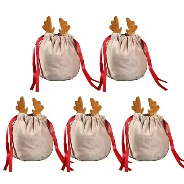 5/10 Christmas Reindeer Drawstring Gift Bag, Reusable Velvet Santa Claus Candy Biscuit Gift Bag, Christmas Eve Party Gift Decor