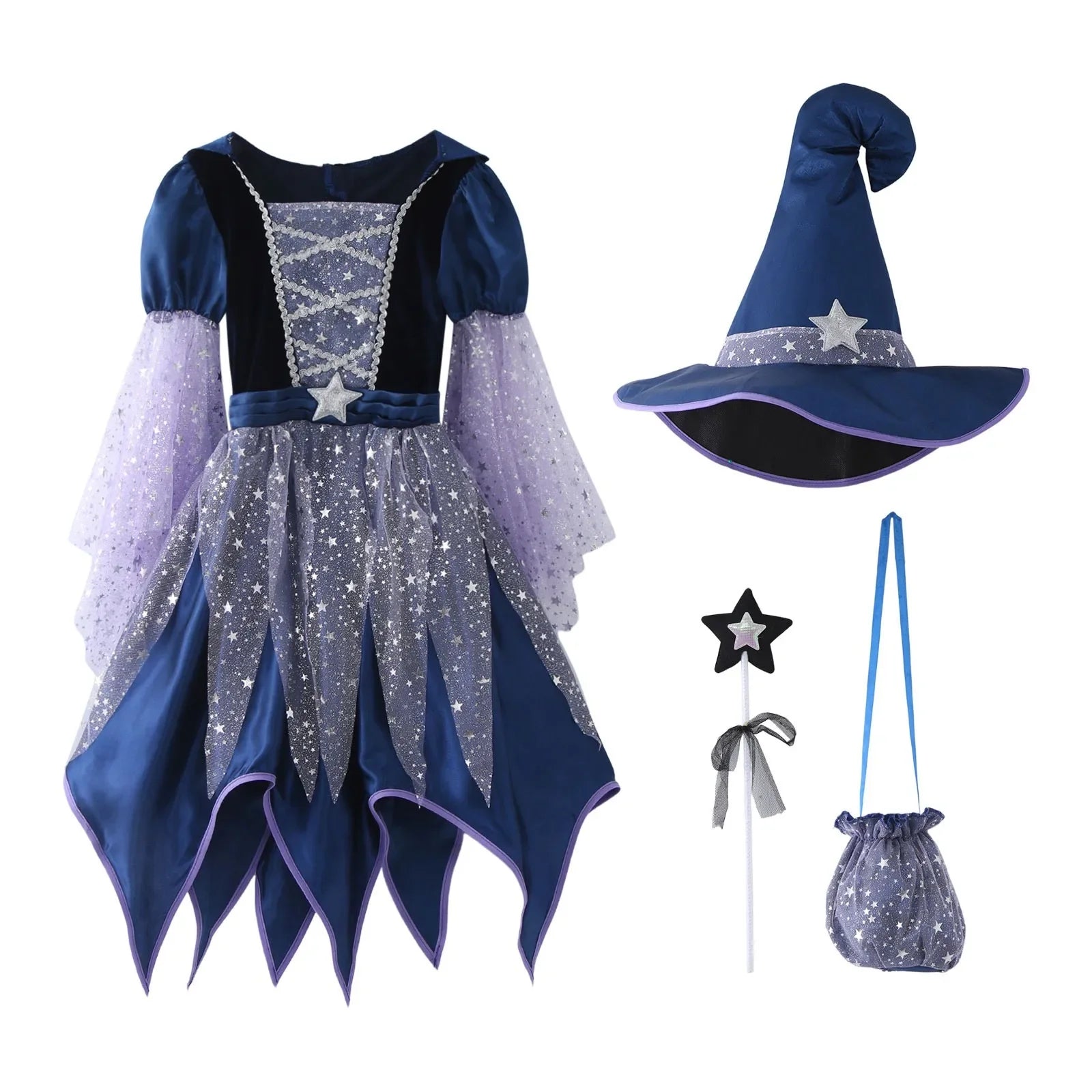 God Mother Fairy Dress with Witch Hat Wand Bag Girls Halloween Costume Witch Cosplay All Saint's Day 4Pcs Wizard Vestidos Suit
