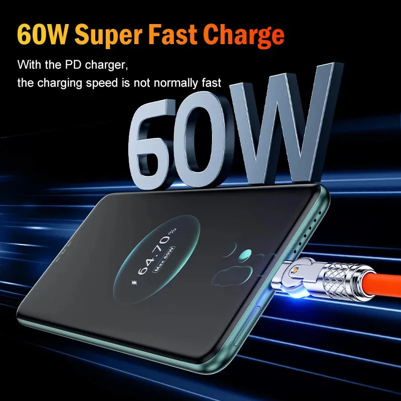 60W PD USB C To Type C Cable Elbow 180 Degree Rotation Super Fast Charge For Samsung S24 S23 S22 Ultra Huawei Laptop Data Sync