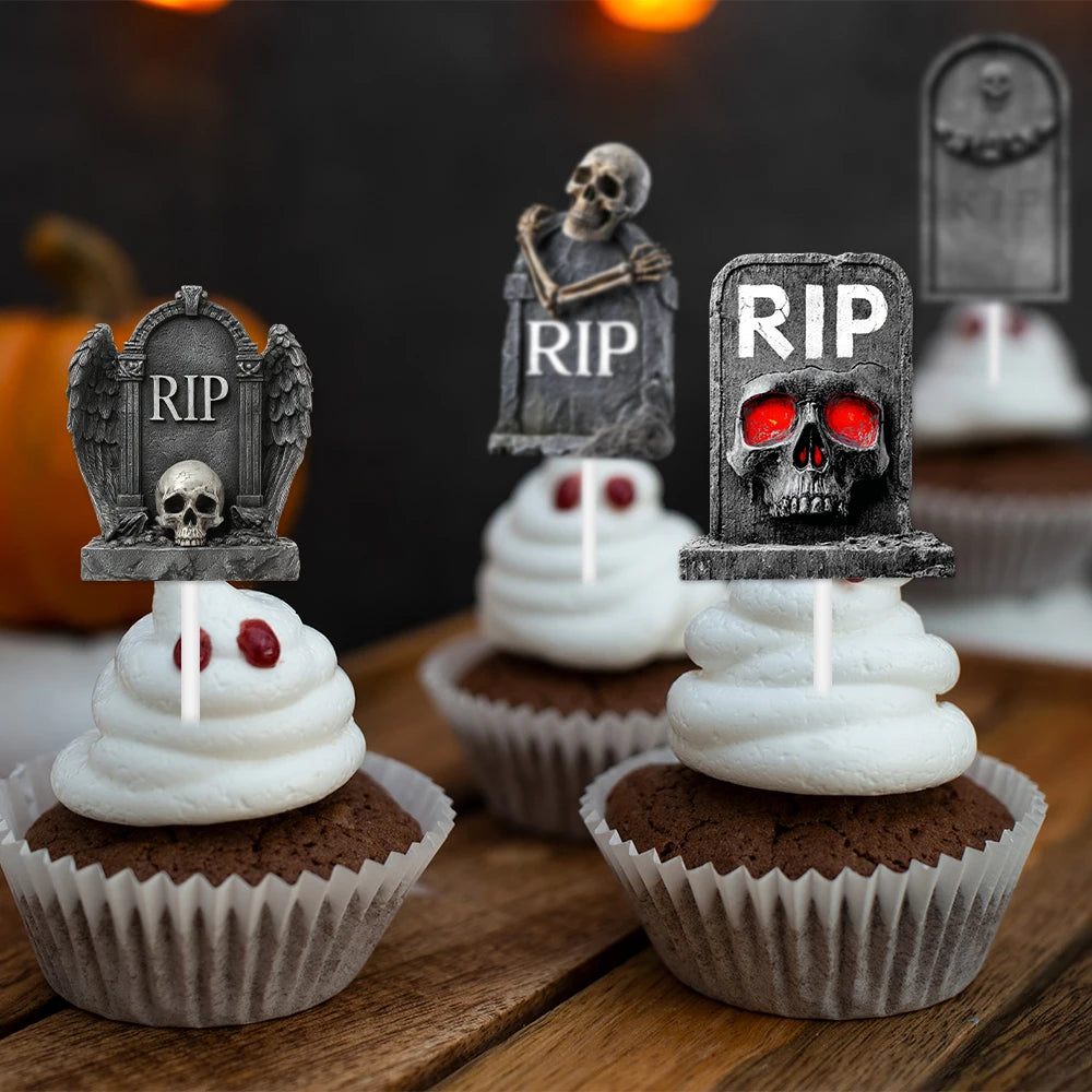 12/24pcs Halloween Scary Tombstone Cupcake Toppers Skeleton RIP Graveyard Cake Topper Decorations Halloween Birthday Party Decor